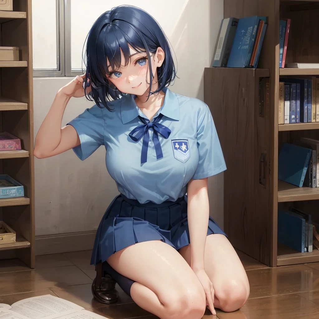 1. garota do ensino médio　1 fêmea　Bobcut　cor de cabelo azul escuro　uniforme do ensino médio　Camiseta Y azul clara　manga curta　fita azul　cor de cabelo azul escuro　figura esbelta　seios grandes　retrato de corpo inteiro　学校のbiblioteca　sorrindo gentilmente　Ria um pouco　biblioteca　sinais de mão　Agachamento　Ajoelhar　Olhe aqui　