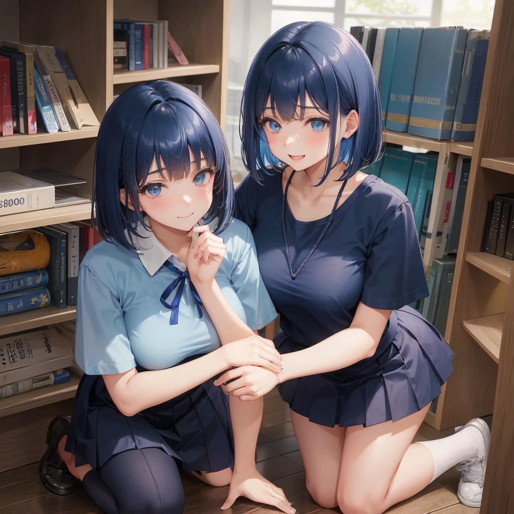 high school girl　1 female　Bobcut　dark blue hair color　High School Uniform　Light blue Y-shirt　Short sleeve　Blue Ribbon　dark blue hair color　Slim figure　Large Breasts　Full body portrait　School library　Smiling Kindly　Laugh a little　library　squat　Place your hands before kneeling　Put your hands on the floor　