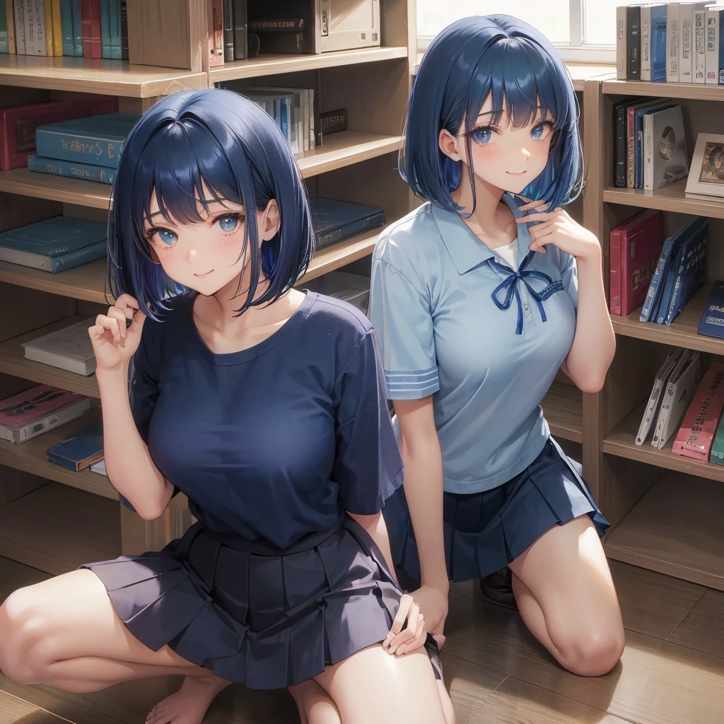 high school girl　1 female　Bobcut　dark blue hair color　High School Uniform　Light blue Y-shirt　Short sleeve　Blue Ribbon　dark blue hair color　Slim figure　Large Breasts　Full body portrait　School library　Smiling Kindly　Laugh a little　library　squat　Place your hands before kneeling　Put your hands on the floor　