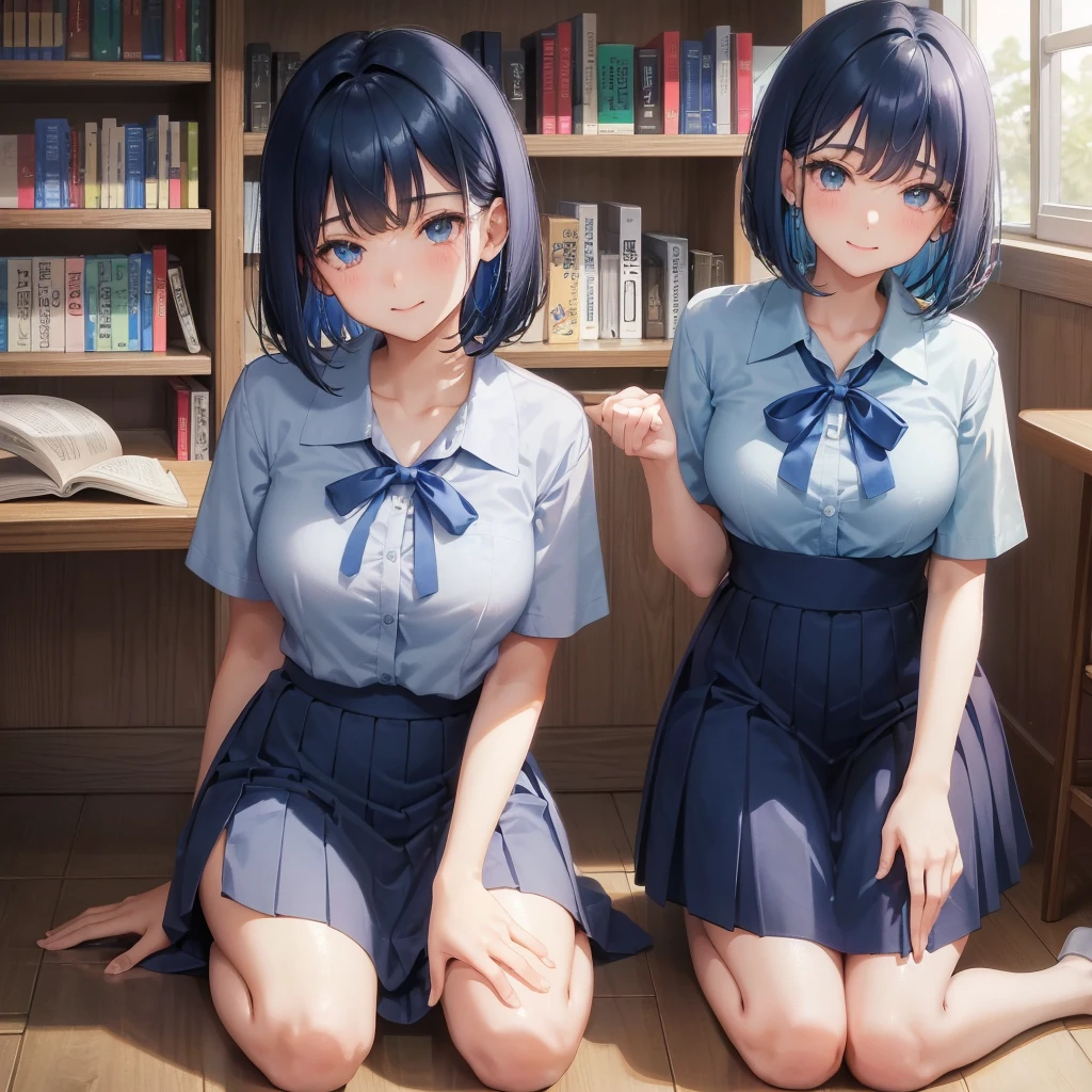 chica de secundaria　1 hembra　corte bob　color de pelo azul oscuro　uniforme de secundaria　Camiseta celeste　manga corta　cinta azul　color de pelo azul oscuro　Figura delgada　pechos grandes　retrato de cuerpo completo　学校のbiblioteca　sonriendo amablemente　Rie un poco　biblioteca　Squat　Coloca tus manos antes de arrodillarte　pon tus manos en el suelo　