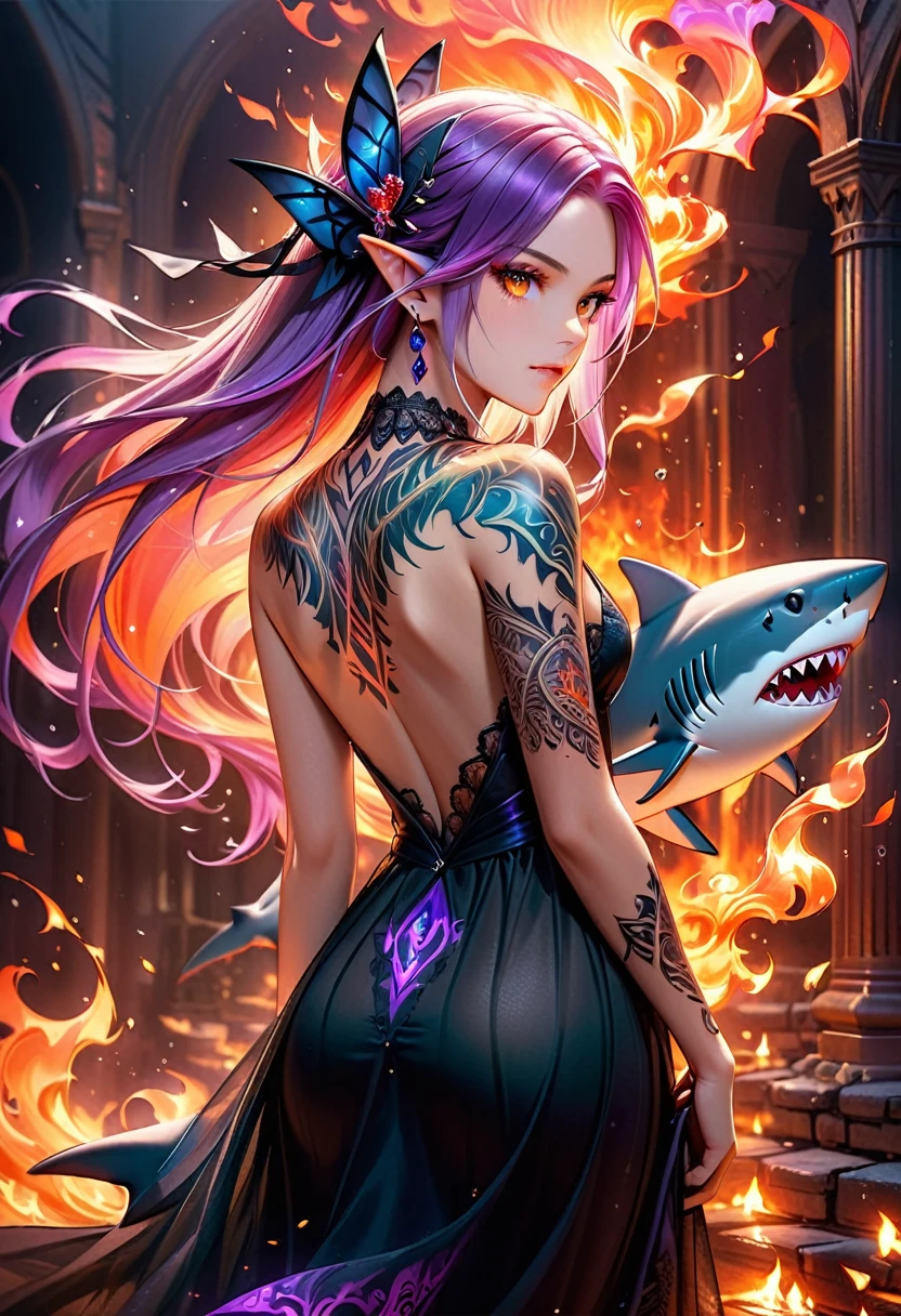  a picture of a ((tattoo of a shark: 1.5)) on the back of a female elf with, Dark fantasy art, fantasy art, goth art,, a glowing tattoo of a ((shark: 1.3)) on the back of the elf, the ((shark tattoo)) is vivid, intricate detailed coming to life from the ink to real life, GlowingRunesAI_purple, ((fire surrounds the shark: 1.5)), shoot taken from the back, ((the back is visible: 1.3), she wears a transparent black dress, the dress is elegant, flowing, elven style, that the tattoos glow, dynamic hair color, dynamic hair style, faize,, Digital Painting, Intense gaze