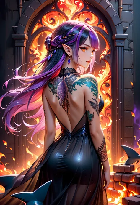  a picture of a ((tattoo of a shark: 1.5)) on the back of a female elf with, Dark fantasy art, fantasy art, goth art,, a glowing...