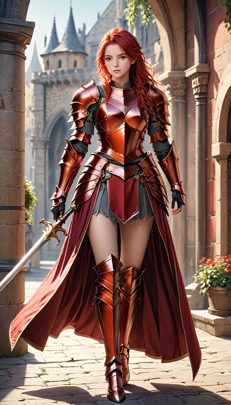 {{{photorealistic, masterpiece, best quality, ultra-detailed, high resolution, detailed eyes, detailed hair}}}, beautiful girl,  {knight}, red hair, side blaid, slim, full armor, red armor, armored skirt, {{full body}}