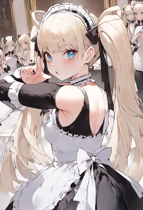 marie rose, maid uniform, headdress, black stockings, mansion, thiccwithaq art style, marie rose, cute, lewd, sexy, blowing kiss...