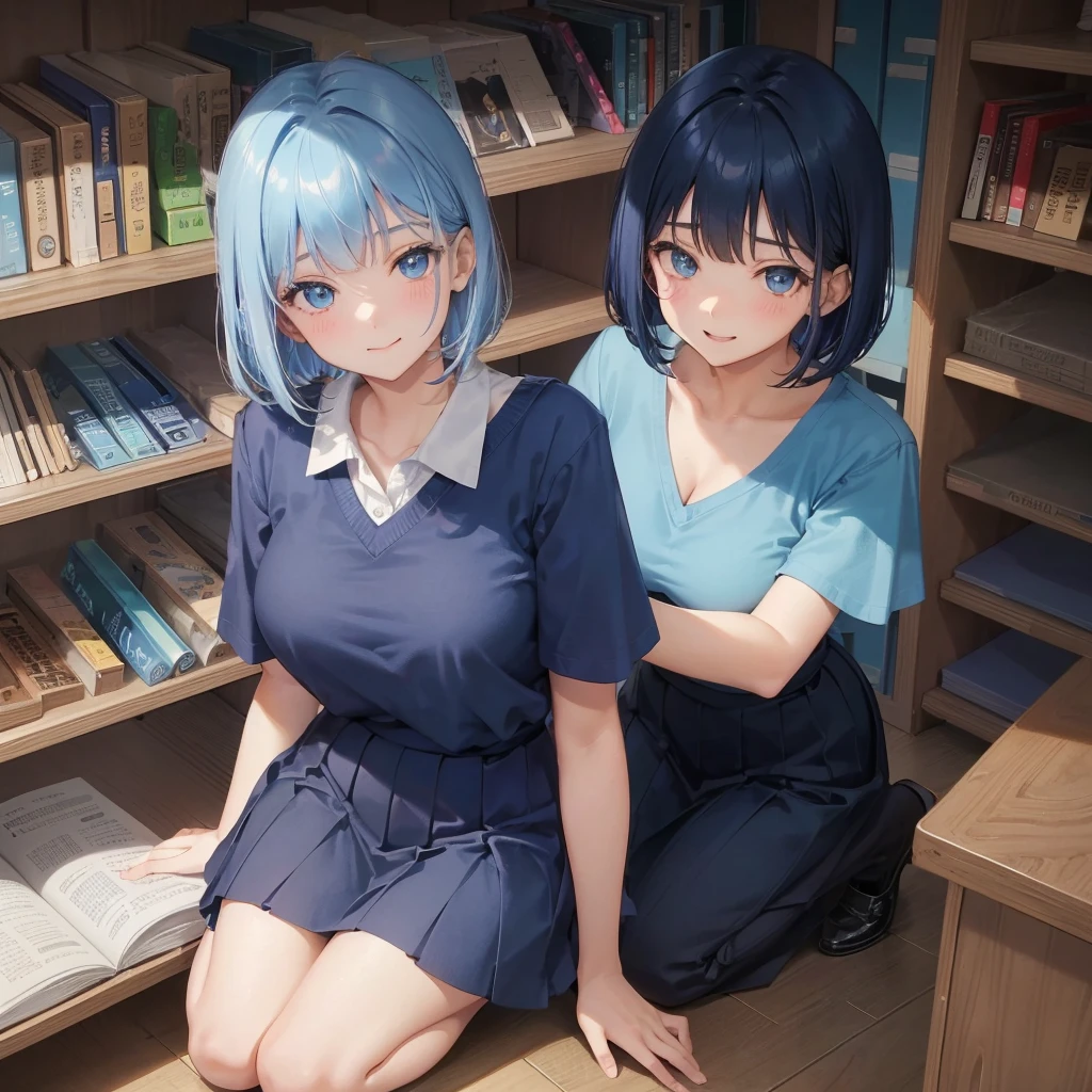 1 Solo　1 person　chica de secundaria　1 hembra　corte bob　color de pelo azul oscuro　uniforme de secundaria　Camiseta celeste　manga corta　cinta azul　color de pelo azul oscuro　Figura delgada　pechos grandes　retrato de cuerpo completo　学校のbiblioteca　sonriendo amablemente　Rie un poco　biblioteca　Squat　Coloca tus manos antes de arrodillarte　pon tus manos en el suelo　