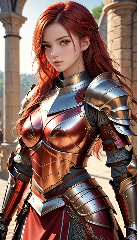 {{{photorealistic, masterpiece, best quality, ultra-detailed, high resolution, detailed eyes}}}, beautiful girl,  {knight}, red ...