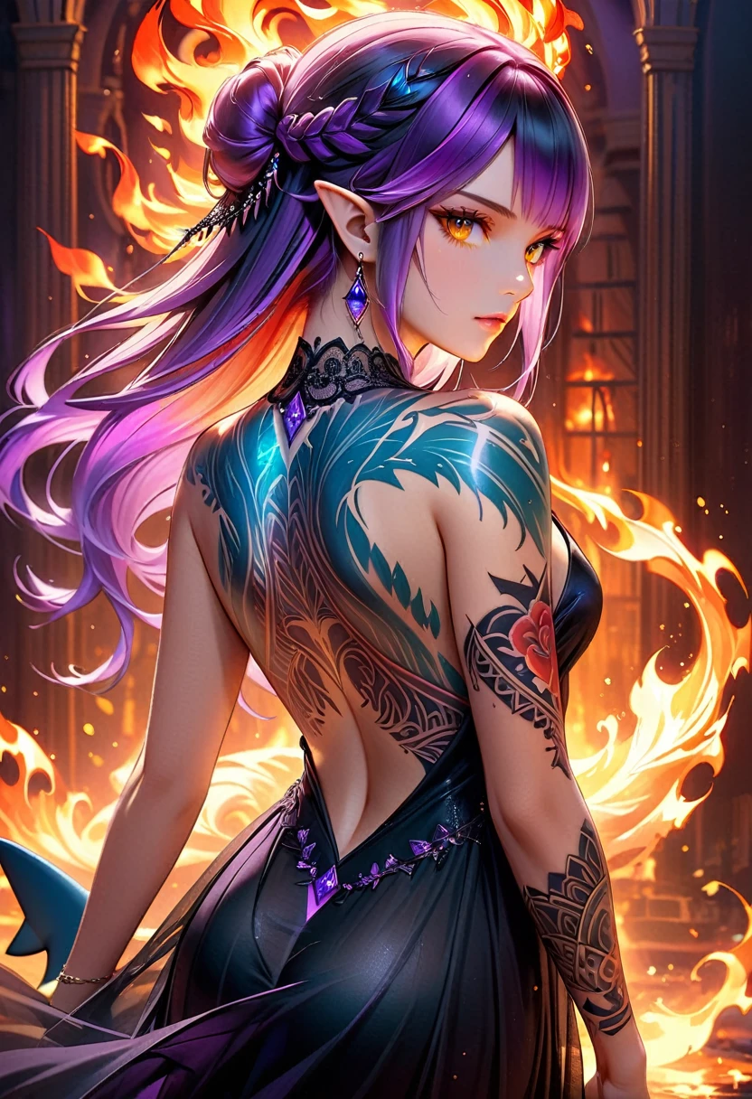  の写真 ((tattoo of a サメ: 1.5)) on の back of a female elf with, Dark ファンタジーアート, ファンタジーアート, ゴスアート,, 光るタトゥー ((サメ: 1.5)) on の back of の elf, の ((サメ tattoo)) 鮮やかです, intricate detailed coming to life from の ink to real life, グローイングルーンAI_紫, ((fire surrounds の サメ: 1.5)), shoot taken from の back, ((の back is visible: 1.3), 彼女は透明な黒いドレスを着ている, の dress is elegant, 流れる, エルフスタイル, that の tattoos glow, ダイナミックヘアカラー, ダイナミックなヘアスタイル, 興味に,, デジタルペインティング, 強い視線