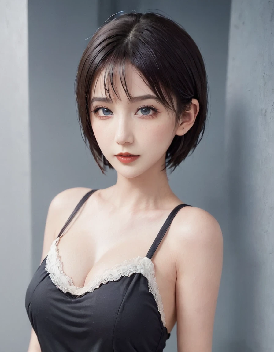 1girl, solo, breasts, looking_at_viewer, short_hair, bangs, blue_eyes, black_hair, photoshop_(medium), dress, cleavage, medium_breasts, bare_shoulders, hair_between_eyes, jewelry, closed_mouth, upper_body, sleeveless, artist_name, white_dress, lips, clothing_cutout, eyelashes, makeup, sleeveless_dress, chinese_clothes, cleavage_cutout, lipstick, portrait, red_lips