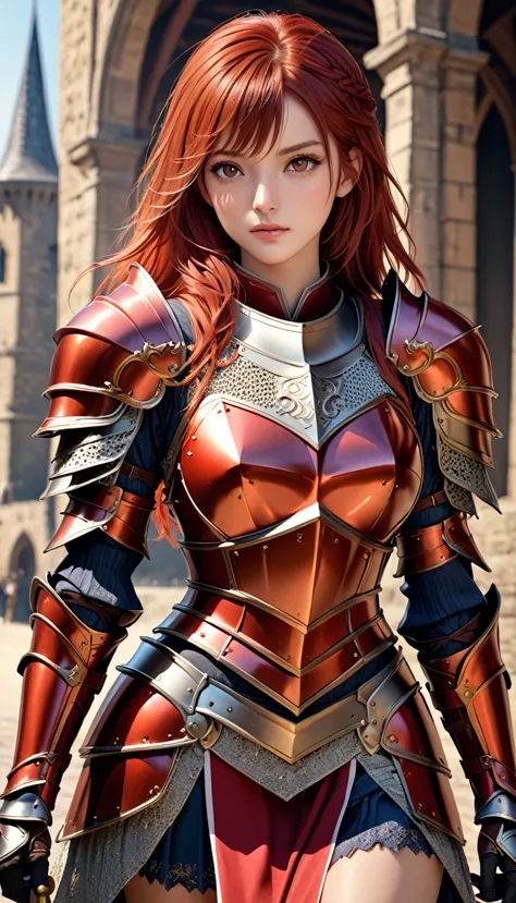 {{{photorealistic, masterpiece, best quality, ultra-detailed, high resolution, detailed eyes}}}, beautiful girl,  {knight}, red ...