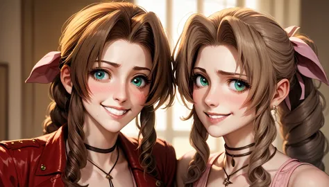 aerith looks embarrassed,looking at the camera,smile