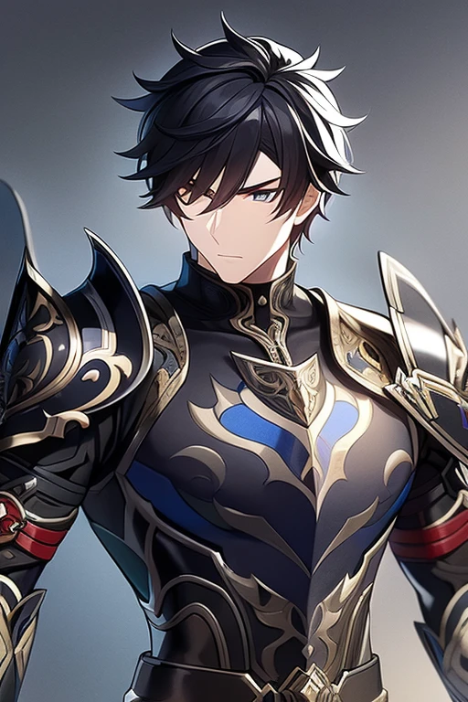 (work of art, best qualityer, face perfect, expressive eyes), Black Knight Armor, black leather cover, details Intricate, black breastplate, a male anime,single character, short black hair with white highlights, barba, visual novel sprite, detailed black armor, high qualiy, cinematic, dramatic pose, details Intricate, swirly vibrant colors, work of art, impacto genshin. 