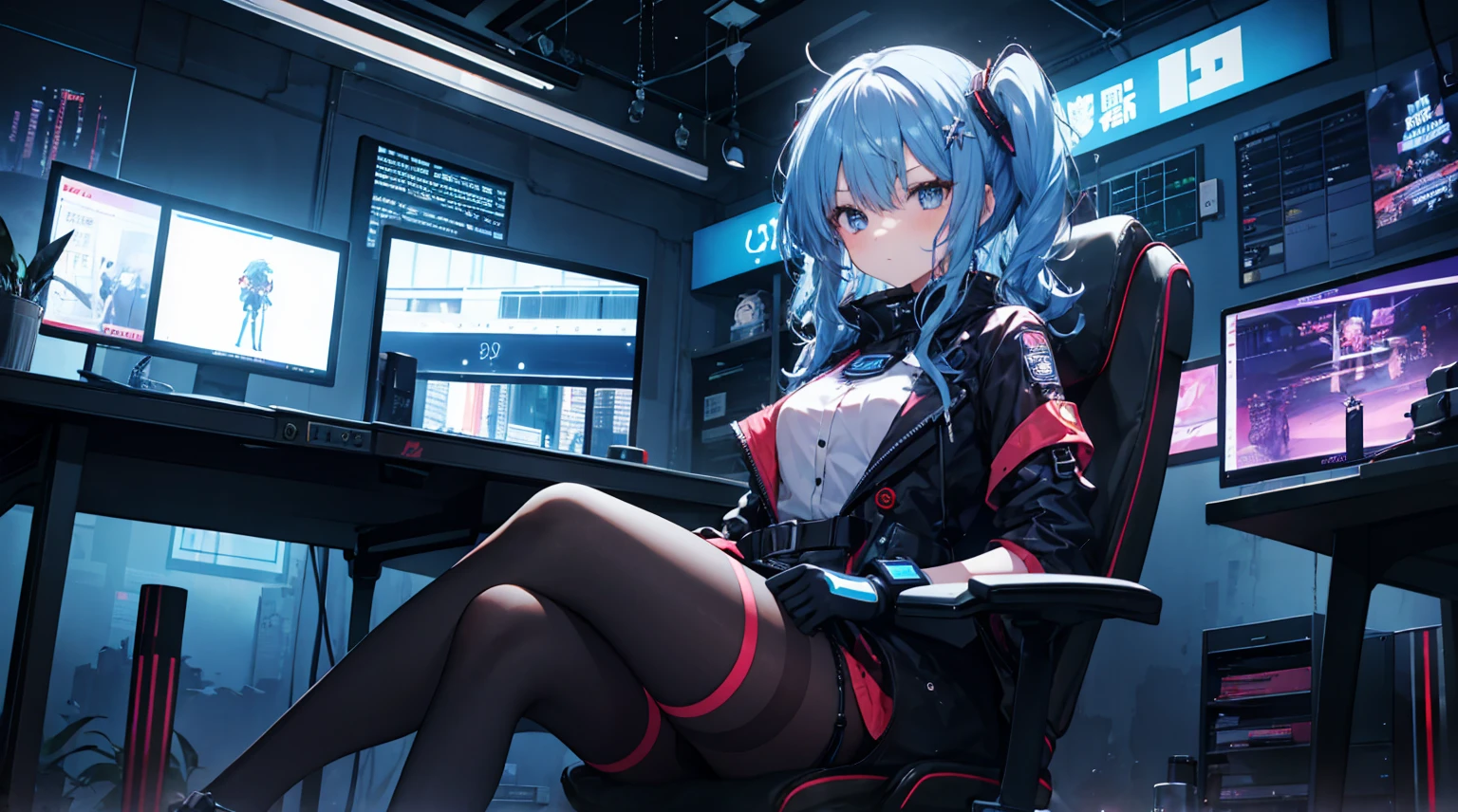 one-girl，byself，Girl with medium straight blue hair，dishiveredhair，hair straight，blue color eyes，cyber punk personage,the night，beside a window , night city background，Digital punk, Anime style 4k, Short-sleeved game suit,sit in a gaming chair，in a  bedroom，Computer，black pantyhoses，hoshimachisuisei, suisei hoshimachi、The character is centered