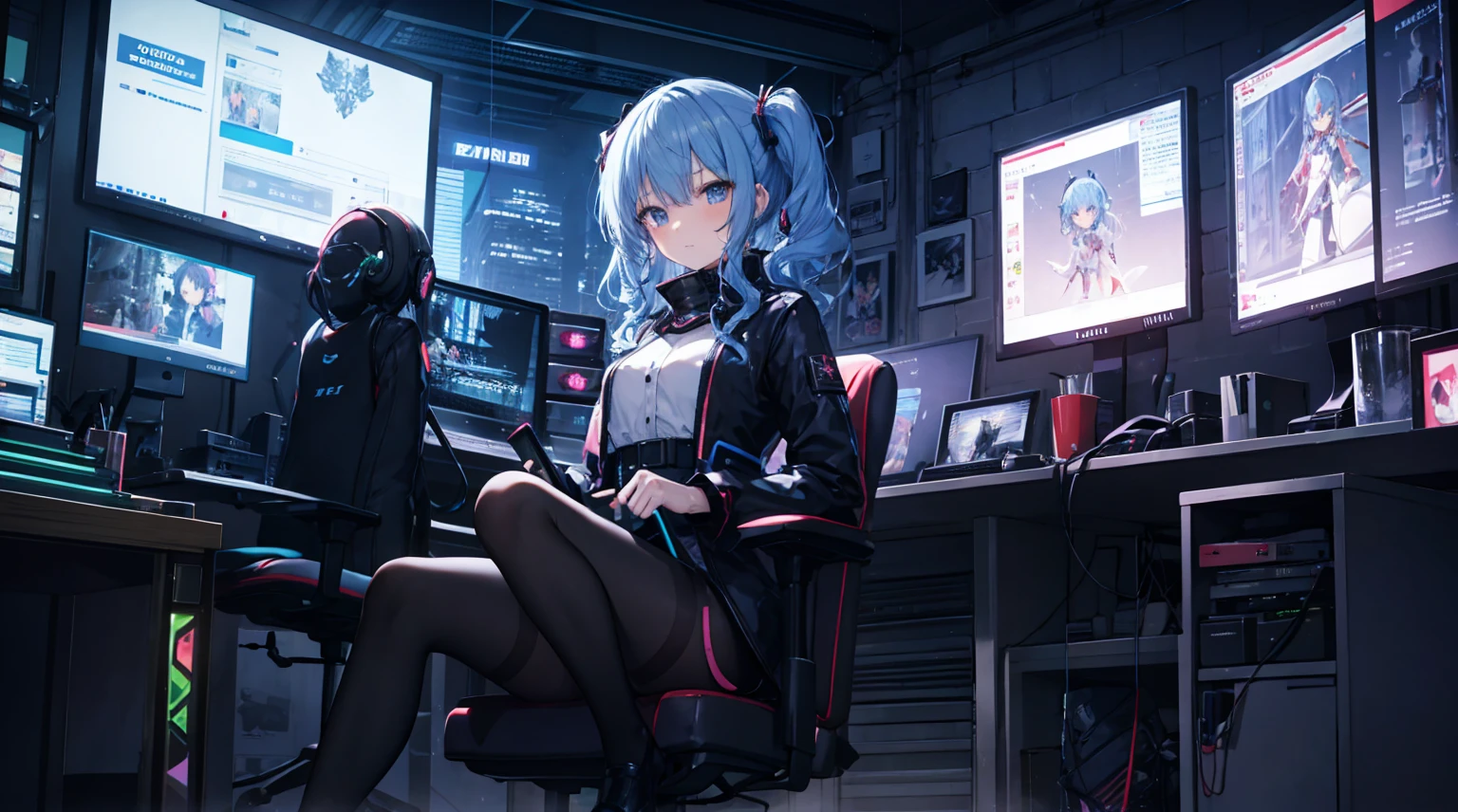 one-girl，byself，Girl with medium straight blue hair，dishiveredhair，hair straight，blue color eyes，cyber punk personage,the night，beside a window , night city background，Digital punk, Anime style 4k, Short-sleeved game suit,sit in a gaming chair，in a  bedroom，Computer，black pantyhoses，hoshimachisuisei, suisei hoshimachi、The character is centered