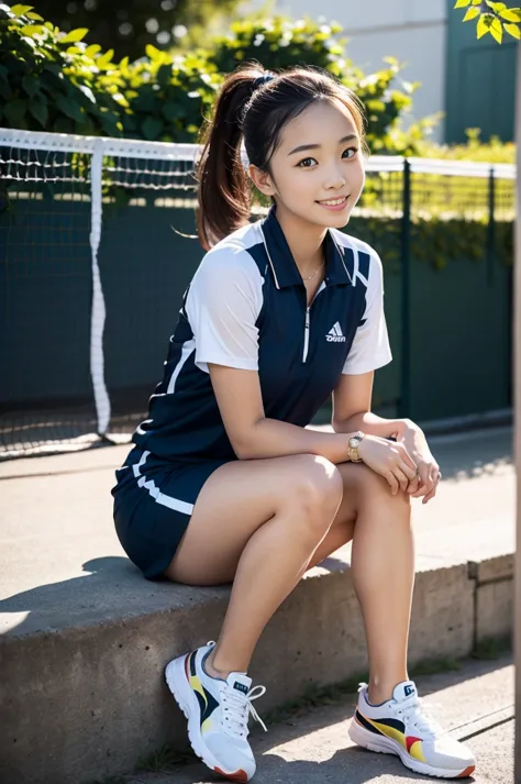 Pure Japanese tennis girl, wearing tennis uniforms, sneakers, natural makeup, natural ponytail, sweet smile, sexual attractive, ...