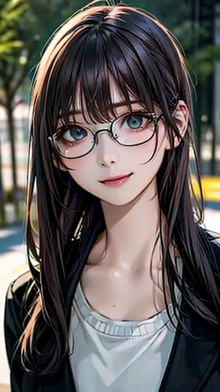 (Browsing Caution:1.2), (8K, RAW Photos, Best image quality, masterpiece: 1.4), (Highly detailed CG Unity 8K wallpaper, Highest quality, High resolution: 1.2), (Ultra_Familiar, 超High resolution: 1.2), super highly Familiar, (Realistic, Realistic: 1.48), 1 Girl, Focus Only, Side Lock, bangs, ((Dark green eyes:1.4, Round eyes, Beautiful eyelashes)), Clear Eyes,Mid-chest,Shiny Hair, beautiful Familiar cold face,Captivating smile, Beautiful and delicate eyes with exquisite detail,Extremely accurate details,Skin dents,Outdoor,Perfect Face,Perfect body, Beautiful Eyes, Beautiful Face,(Portraiture:1.5),Beautiful clavicle,Upward glance,Very cute woman, ((The action of combing hair:1.3))、Black Hair、Long Hair、OL、Office Wear、Business Casual、shirt、skirt、pants suit、blazer、all、accessories、Glasses、Hairstyle、make、Professional、confidence、Grace、efficiency、liability、Loyalty to the organization