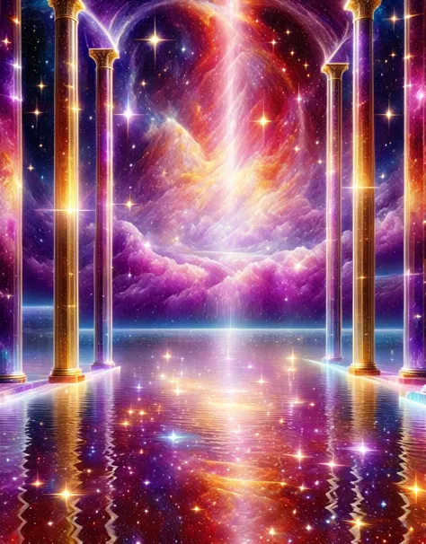( cosmic red and violet backgroud with small crystaline glimmering stars, golden pillars made out of gold from bottom to top, fl...