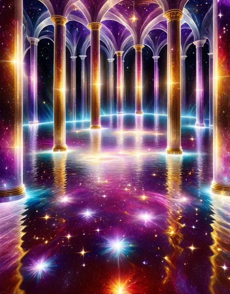 ( cosmic red and violet backgroud with small crystaline glimmering stars, golden pillars made out of gold from bottom to top, fl...