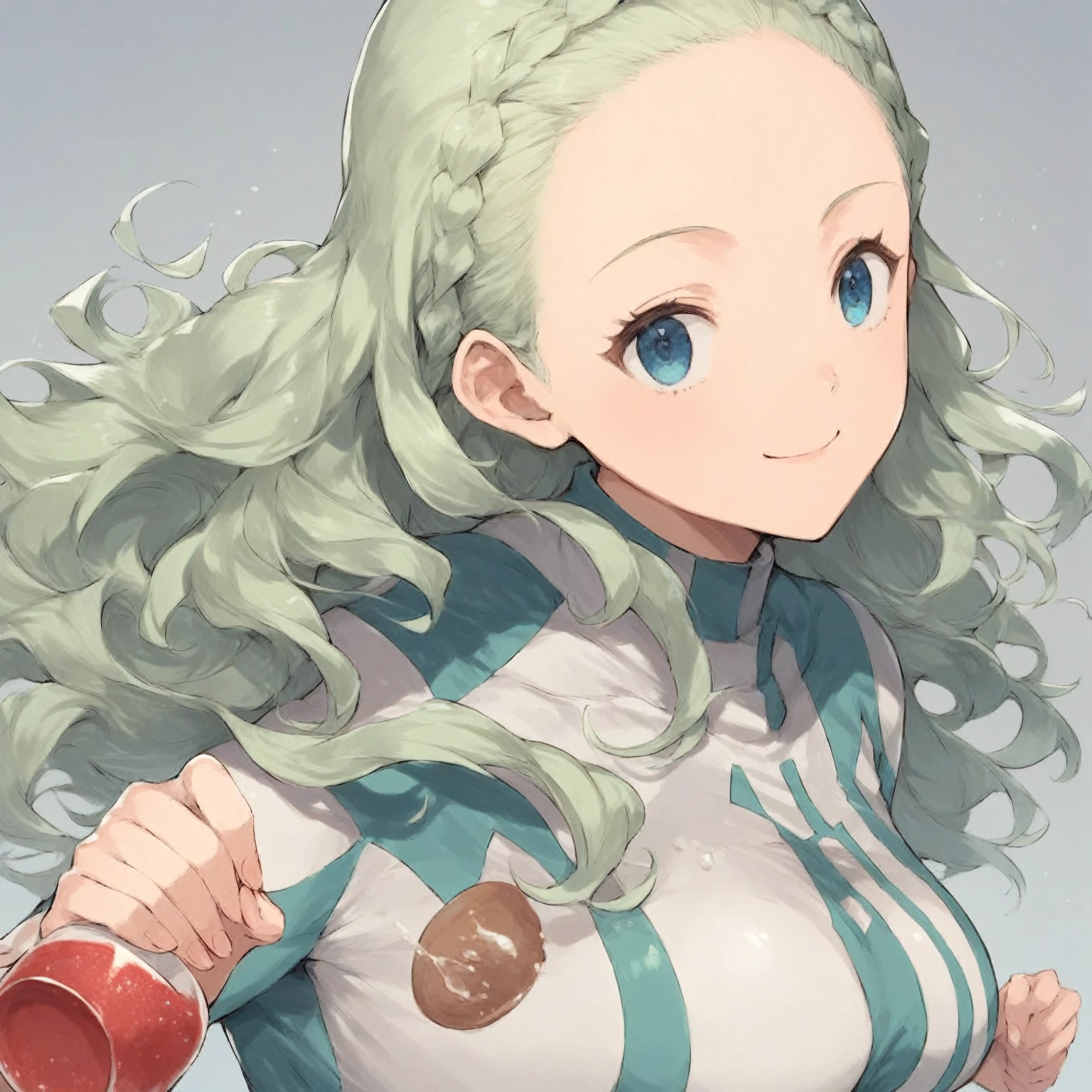 score_9, score_8_superior, score_7_superior, score_6_superior, score_5_superior, score_4_superior, sauce_anime, Simple Background, One girl, Güell, Blue eyes, Braiding, Glitter eyes, Green Hair, Long Hair, Large breasts,Pause, smile, Big Breasts　Girl Running