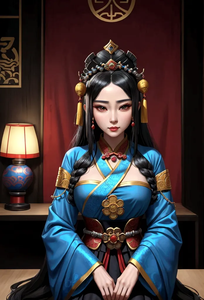 Close-up of a woman with black hair wearing blue dress, Beautiful Empress of Fantasy, palace ， girl in hanfu, ancient Princess o...