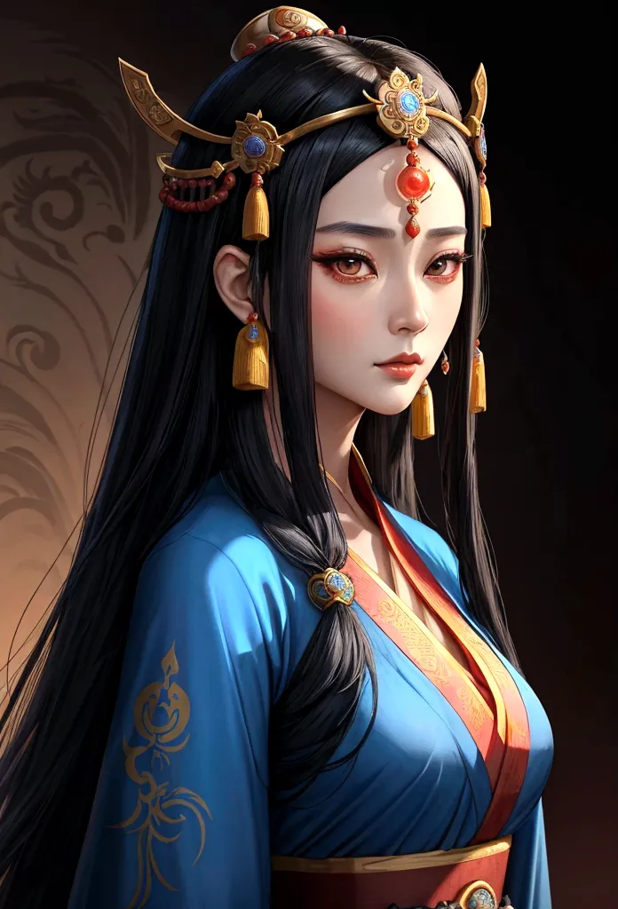 Close-up of a woman with black hair wearing blue dress, Beautiful Empress of Fantasy, palace ， girl in hanfu, ancient Princess o...