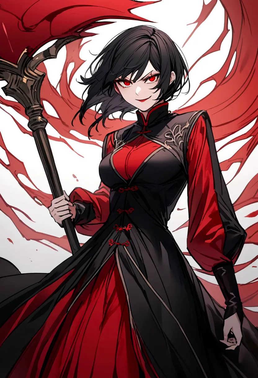 a one woman, Bblack hair, Eyes red, evil smile, reddish aura, carrying a scythe, shinigami clothes