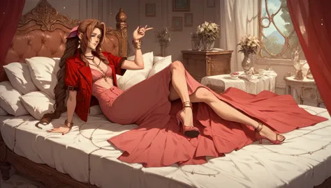 full body,open leg ,aerith lying on her back on the bed,long skirt,tipsy