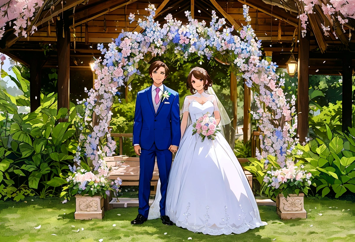 Hermosa escena de boda, dos personajes, ambos de pie, vista de cuerpo completo, Novio con cabello castaño al estilo Loid de Spy x Family, Vistiendo un traje azul, novia con un elegante vestido blanco y sosteniendo un ramo de flores, Ambos sonriendo felices, rostros increíblemente hermosos, expresiones felices, fondo romántico en un jardín de sakura con flores e iluminación suave