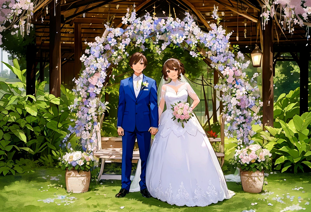 Hermosa escena de boda, dos personajes, ambos de pie, vista de cuerpo completo, Novio con cabello castaño al estilo Loid de Spy x Family, Vistiendo un traje azul, novia con un elegante vestido blanco y sosteniendo un ramo de flores, Ambos sonriendo felices, rostros increíblemente hermosos, expresiones felices, fondo romántico en un jardín de sakura con flores e iluminación suave