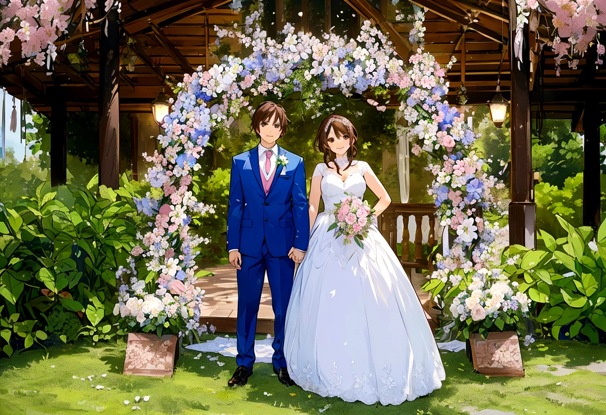 Belle scène de mariage, deux personnages, tous deux debout, vue complète du corps, Le marié aux cheveux bruns façon Loid de Spy x Family, Porter un costume bleu, mariée dans une élégante robe blanche avec un et tenant un bouquet de fleurs, tous deux souriant joyeusement, des visages incroyablement beaux, expressions heureuses, fond romantique dans un jardin de sakura avec des fleurs épanouies et un éclairage tamisé