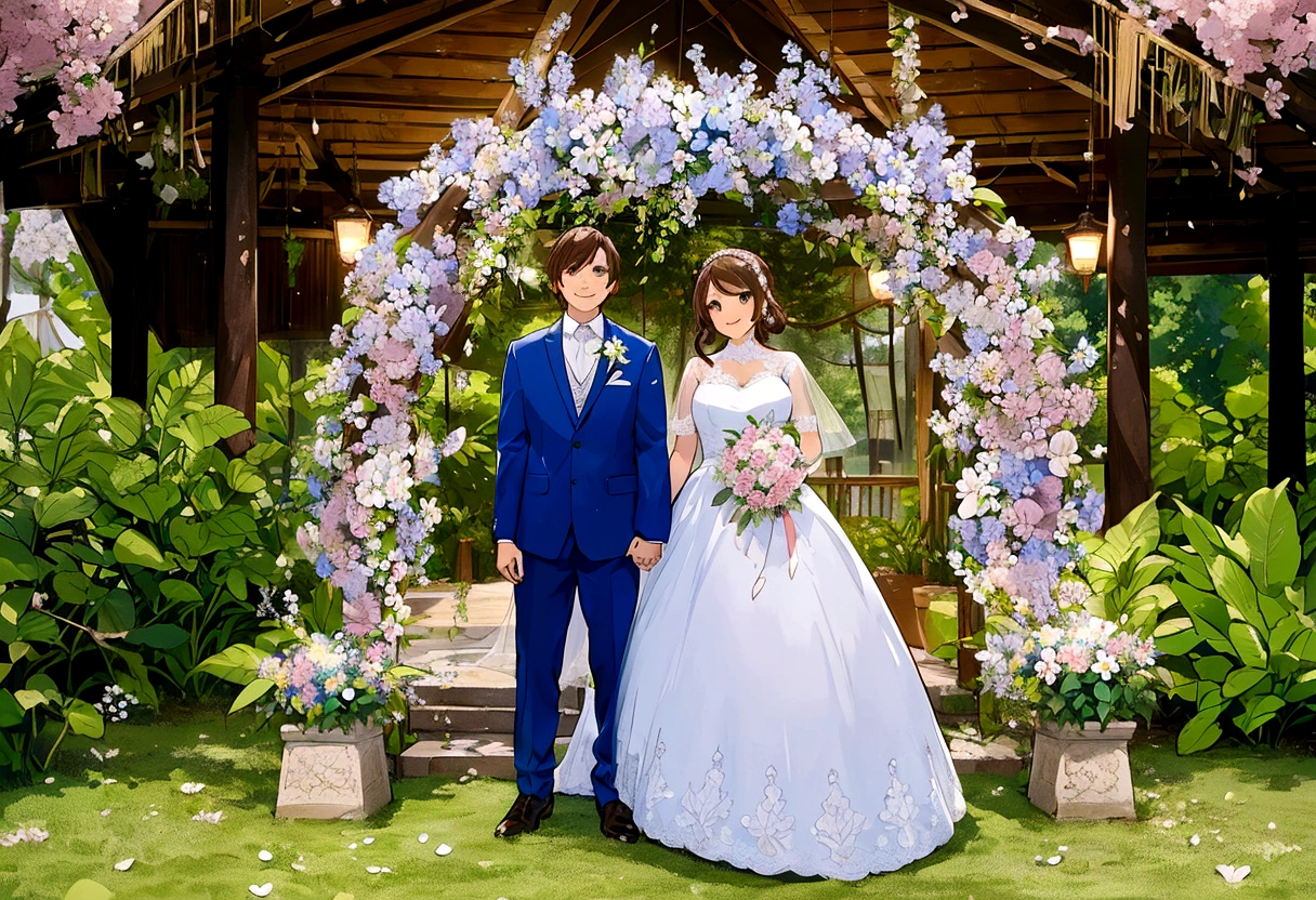 Hermosa escena de boda, dos personajes, ambos de pie, vista de cuerpo completo, Novio con cabello castaño al estilo Loid de Spy x Family, Vistiendo un traje azul, novia con un elegante vestido blanco y sosteniendo un ramo de flores, Ambos sonriendo felices, rostros increíblemente hermosos, expresiones felices, fondo romántico en un jardín de sakura con flores e iluminación suave