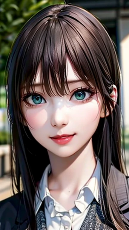 (Browsing Caution:1.2), (8K, RAW Photos, Best image quality, masterpiece: 1.4), (Highly detailed CG Unity 8K wallpaper, Highest quality, High resolution: 1.2), (Ultra_Familiar, 超High resolution: 1.2), super highly Familiar, (Realistic, Realistic: 1.48), 1 Girl, Focus Only, Side Lock, bangs, ((Dark green eyes:1.4, Round eyes, Beautiful eyelashes)), Clear Eyes,Mid-chest,Shiny Hair, beautiful Familiar cold face,Captivating smile, Beautiful and delicate eyes with exquisite detail,Extremely accurate details,Skin dents,Outdoor,Perfect Face,Perfect body, Beautiful Eyes, Beautiful Face,(Portraiture:1.5),Beautiful clavicle,Upward glance,Very cute woman, ((The action of combing hair:1.3))、Black Hair、Long Hair、OL、Office Wear、Business Casual、shirt、skirt、pants suit、blazer、all、accessories、Hairstyle、make、Professional、confidence、Grace、efficiency、liability、Loyalty to the organization