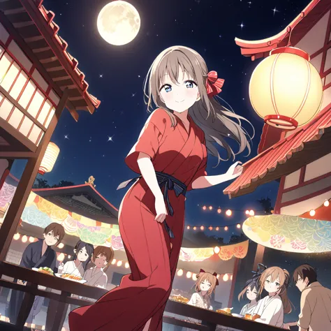 １people girls　sakurazaka shizuku　brown hair　very long hair　yukata　fan　night view　starry sky　full moon　big red、hair ribbon　smile　...