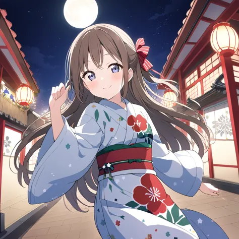 １people girls　sakurazaka shizuku　brown hair　very long hair　yukata　fan　night view　starry sky　full moon　big red、hair ribbon　smile　...