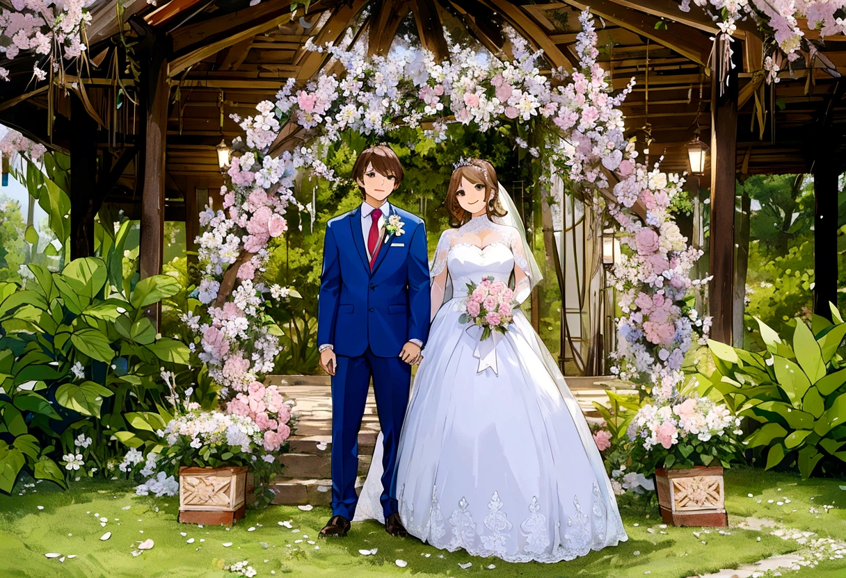 Hermosa escena de boda, dos personajes, ambos de pie, vista de cuerpo completo, Novio con cabello castaño al estilo Loid de Spy x Family, Vistiendo un traje azul, novia con cabello rubio y una corona de boda y con un elegante vestido blanco y sosteniendo un ramo de flores, Ambos sonriendo felices, rostros increíblemente hermosos, expresiones felices, fondo romántico en un jardín de sakura con flores e iluminación suave