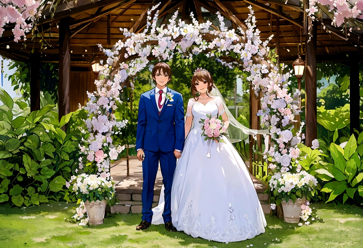 Belle scène de mariage, deux personnages, tous deux debout, vue complète du corps, Le marié aux cheveux bruns façon Loid de Spy x Family, Porter un costume bleu, mariée aux cheveux blonds et une couronne de mariage et dans une élégante robe blanche avec un et tenant un bouquet de fleurs, tous deux souriant joyeusement, des visages incroyablement beaux, expressions heureuses, fond romantique dans un jardin de sakura avec des fleurs épanouies et un éclairage tamisé