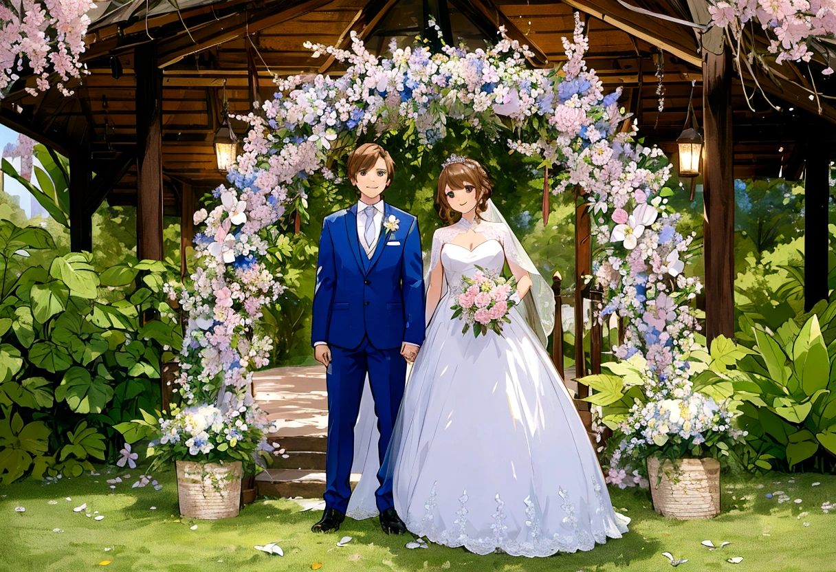 Beautiful wedding scene, two characters, both standing, full body view, Groom with Loid style brown hair from Spy x Family, wearing a blue suit, bride with blonde hair and a wedding crown and in an elegant white dress with a and holding a bouquet of flowers, Both smiling happily, incredibly beautiful faces, happy expressions, romantic background in a sakura garden with blooming flowers and soft lighting