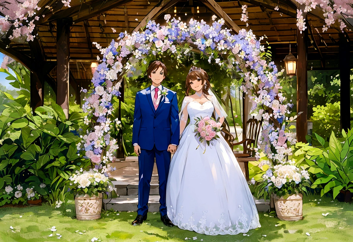 Hermosa escena de boda, dos personajes, ambos de pie, vista de cuerpo completo, Novio con cabello castaño al estilo Loid de Spy x Family, Vistiendo un traje azul, novia con cabello rubio y una corona de boda y con un elegante vestido blanco y sosteniendo un ramo de flores, Ambos sonriendo felices, rostros increíblemente hermosos, expresiones felices, fondo romántico en un jardín de sakura con flores e iluminación suave