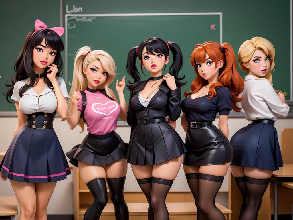 A sexy group of lolita girls are standing inside the classroom during the lesson while the teacher is at the blackboard, wearing dresses, privateers, , tight leggings, stockings with hooks, high heels, still lifes, knee high boots, Chokers, vivid lipsticks and eyeliners and hard makeup, touching, only women in the photo, full body shot, shot from behind