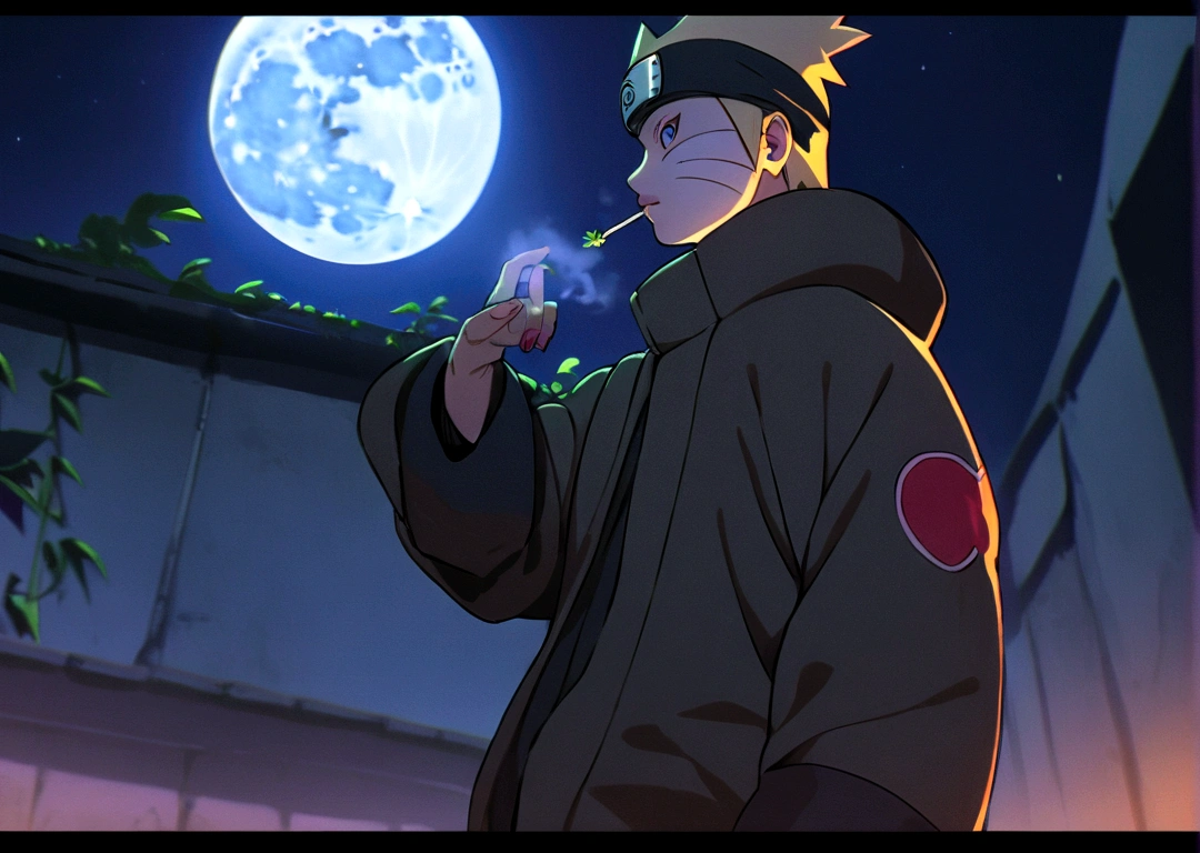 (((Authentic Naruto with Akatsuki outfit))) smoking weed outside at night, on a full moon night. cena ultra wide 4k 90s