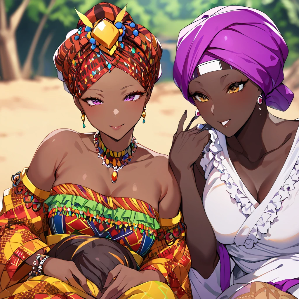 ((Highest quality)), ((masterpiece)), (detailed), （Perfect Face）、The woman is Momo Belia Deviluke, a Ghanaian by birth, with a vibrant dark skin, black by birth, and is wearing a vibrant Ghanaian dress, a vibrant turban head scarf, gorgeous jeweled accessories, and an engagement ring.、The woman was the elegant Momo Belia Deviluke, with pink afro short hair tied in Ghana braids, wearing a colorful Ghanaian dress and a colorful turban headscarf, with vibrant dark brown skin, a natural-born black and Ghanaian, Momo Belia Deviluke.、（The woman is a black Ghanaian with vivid dark brown skin.）、The woman is raising children and doing village work with other village girls in her village in Ghana.