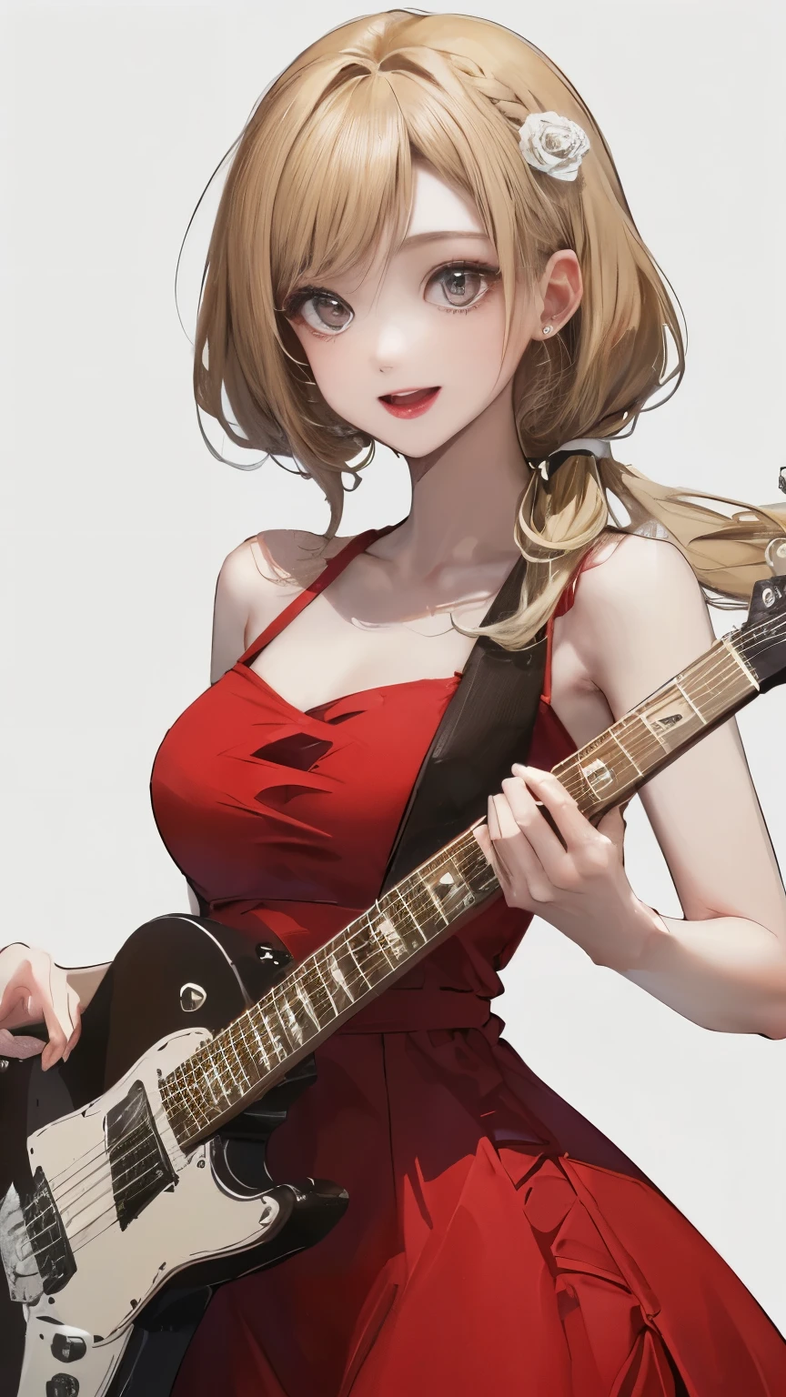 (((White wall background)))、(((Best image quality、8K、Beautiful woman、White wall background)))、guitarist、play the guitar、(((Woman with long hair、blonde、Girly Hairstyles)))、(((Happy face)))、(((Red dress、Rose image dress、)))、(((Pure white background)))