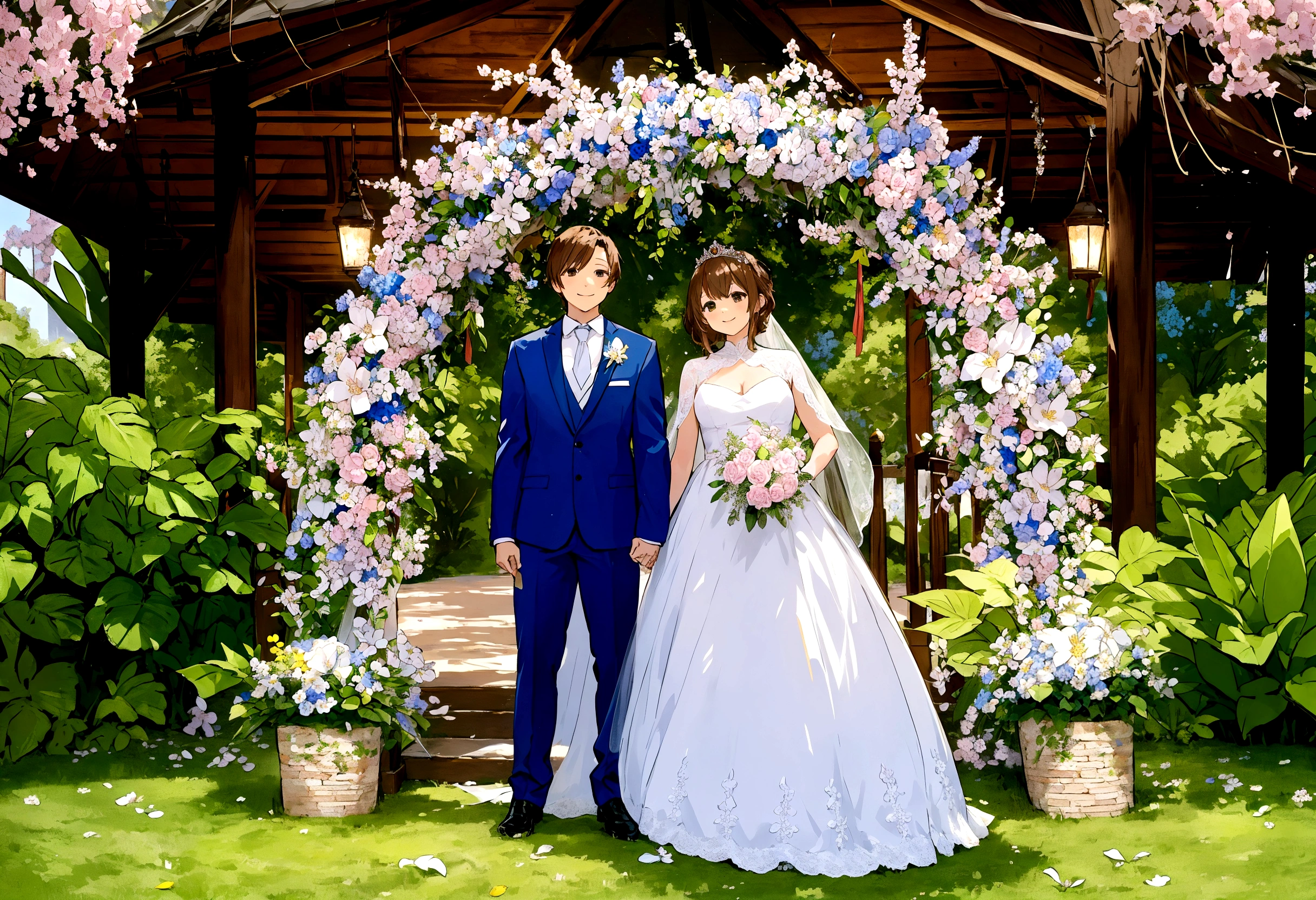 Hermosa escena de boda, dos personajes, ambos de pie, vista de cuerpo completo, Novio con cabello castaño al estilo Loid de Spy x Family, Vistiendo un traje azul, novia con cabello rubio y una corona de boda y con un elegante vestido blanco y sosteniendo un ramo de flores, Ambos sonriendo felices, rostros increíblemente hermosos, expresiones felices, fondo romántico en un jardín de sakura con flores e iluminación suave