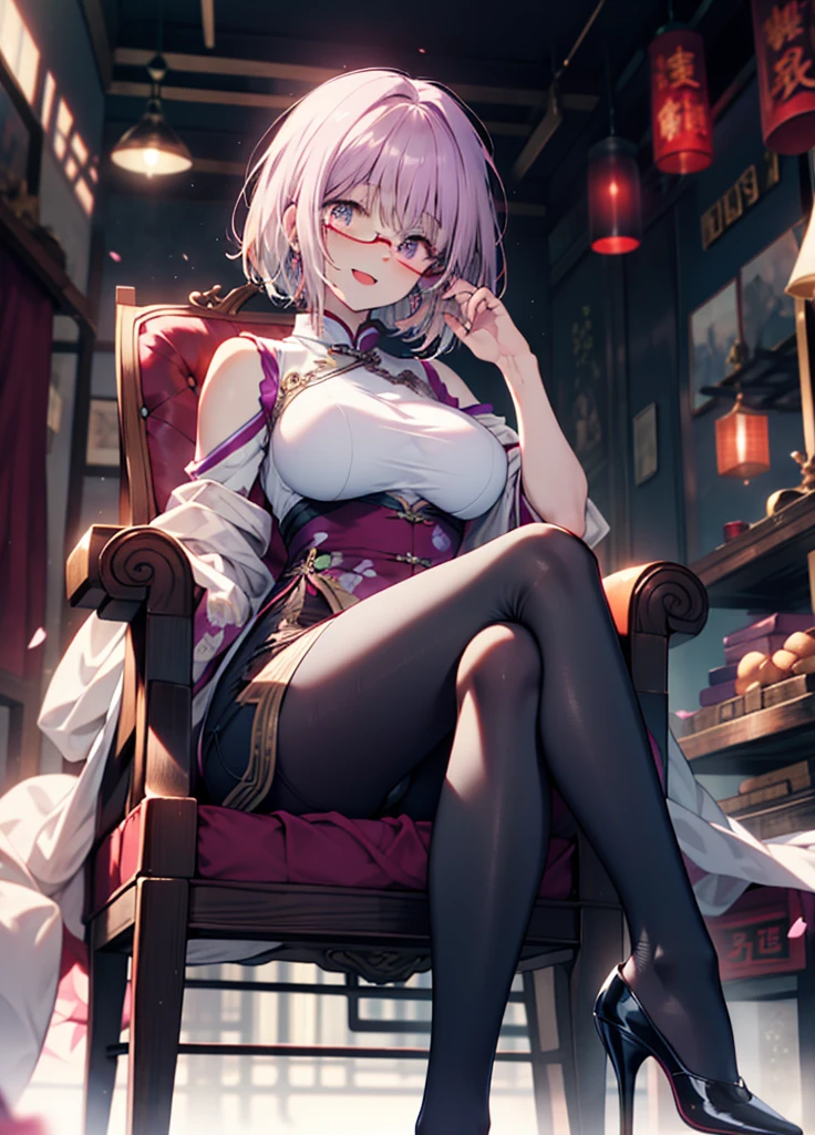 akaneshinjou, shinjou akane, Light purple hair, (Pink Eyes:1.2), happy smile, smile, Open your mouth,short hair,Red-rimmed glasses,hair band,Big Breasts,Sleeveless purple cheongsam,Long slit,Black pantyhose,Stiletto heels,sitting cross-legged on a chair,
break looking at viewer, whole body, 　　　　　　　　break indoors, room,　　　　　　　　　　 　　　break (masterpiece:1.2), Highest quality, High resolution, unity 8k wallpaper, (shape:0.8), (Beautiful and beautiful eyes:1.6), Highly detailed face, Perfect lighting, Extremely detailed CG, (Perfect hands, Perfect Anatomy),