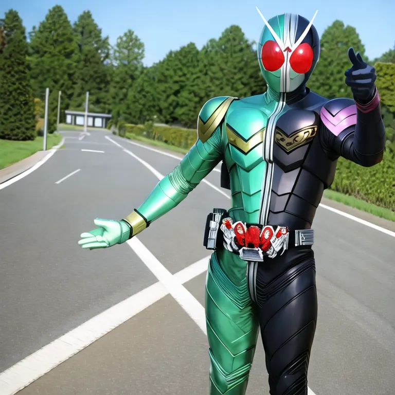 (masterpiece, best quality:1.2), solo, KAMEN RIDER DOUBLE, pointing