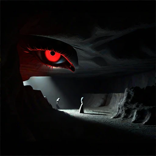 detailed mythological fantasy creature, dark cave, Bright red eyes, malevolent presence, mysterious atmosphere, dramatic lighting, Dark shadows, changing tones, cinematographic composition, Hyper realistic, 8k, high quality, masterpiece, (raw photo, Best Quality, masterpiece, photorealistic, of the highest quality, Maximum image quality, High resolution, 8k, HD:1.2), 
vibrant,Ethereal lighting,sharp focus,ultra detailed,((Extremely detailed 8k unified CG wallpaper)), surreal and dreamlike textures,magical and mysterious essence,
unexplored and undiscovered wonders,sculptural and abstract elements,transcendent composition, visual effects, photorealistic, digital composition master class