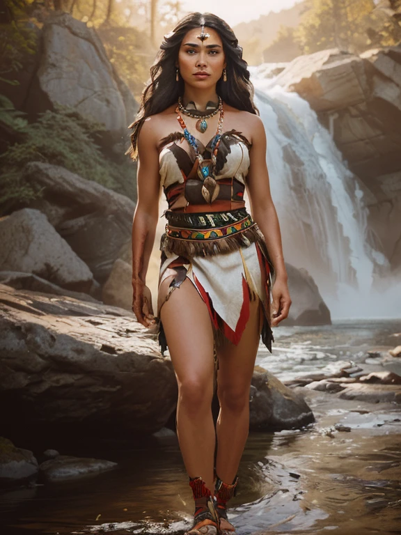 Araffe woman in native costume walking in front of a waterfall, Pocahontas, retrato de un joven Pocahontas, retrato de Pocahontas, warrior dress, Warrior woman, Warrior Princess, amazon warrior, cave woman, dwayne johnson as wonder woman, Aztec warrior goddess, una hermosa Warrior woman, native american, tribal clothing, aztec princess portrait