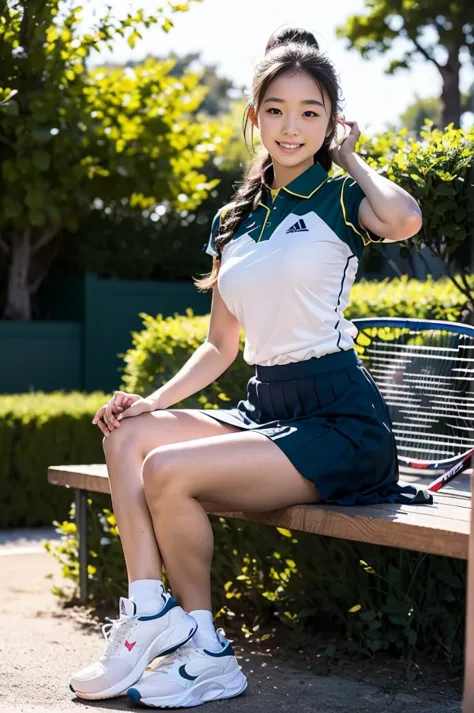 Pure young Japanese tennis girl, wearing tennis uniforms, sneakers, natural makeup, natural ponytail, sweet smile, sexual attrac...