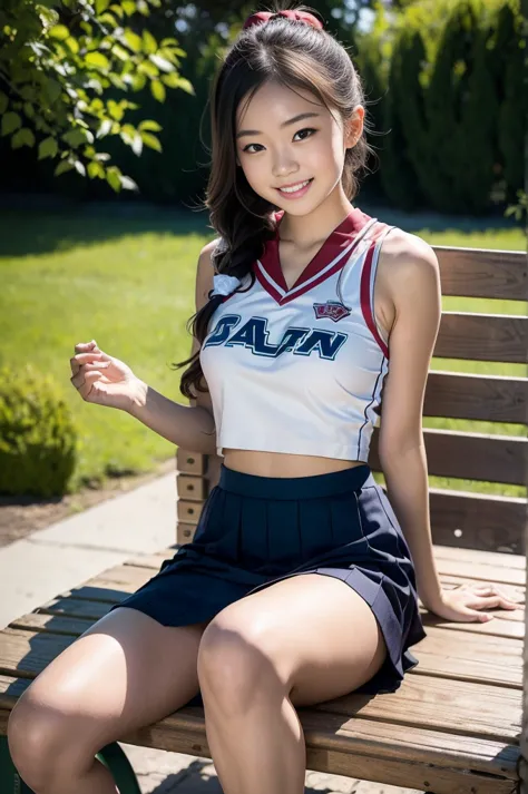 pure young japanese cheerleader girl, wearing cheerleader uniforms, sneakers, natural makeup, natural ponytail, sweet smile, sex...