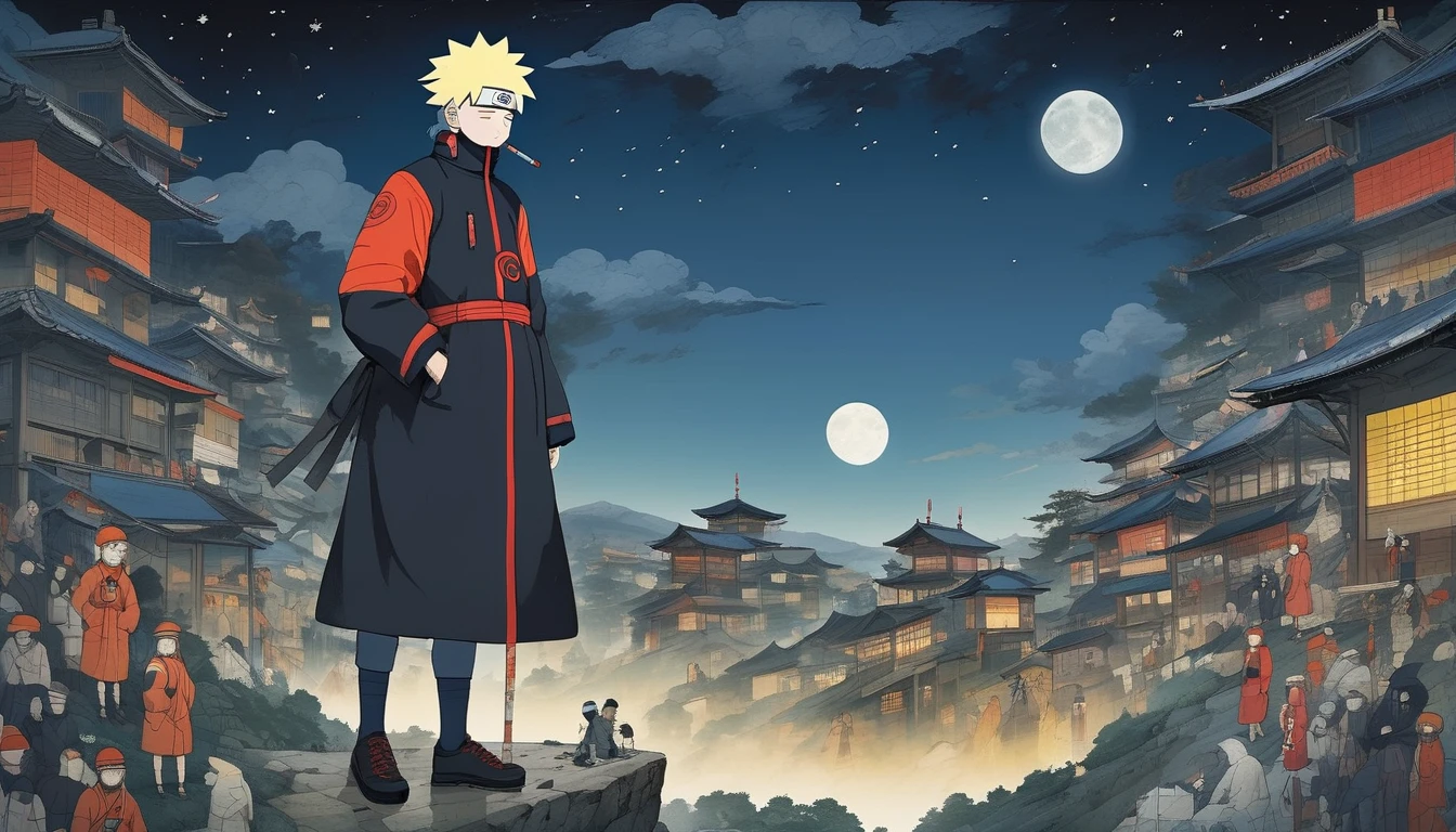 (((naruto character with akatsuki outfit))) smoking weed outside at night, on a full moon night. cena ultra wide 4k 90s