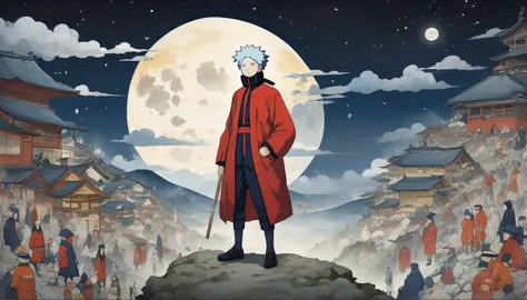 (((naruto character with akatsuki outfit))) smoking weed outside at night, on a full moon night. cena ultra wide 4k 90s